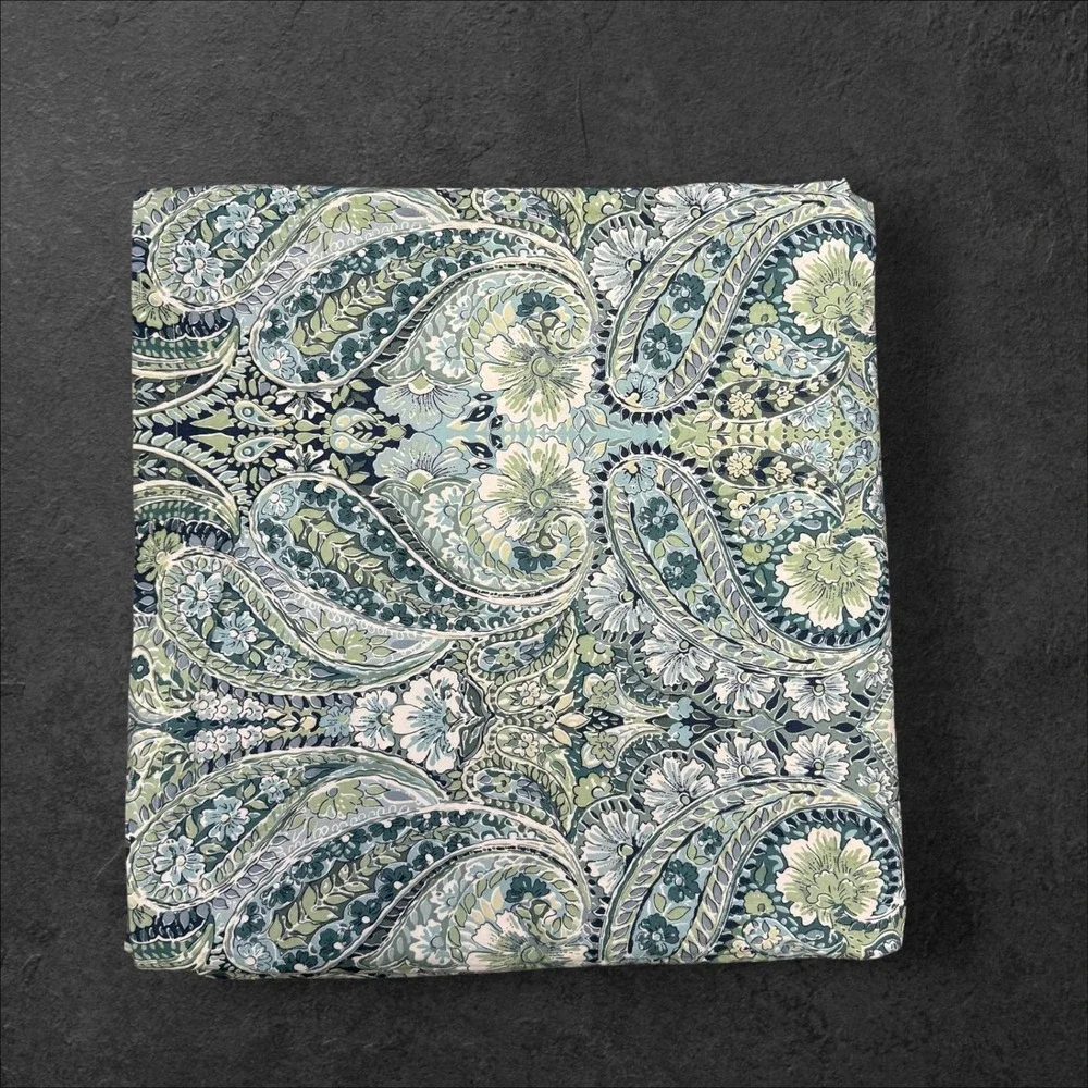 Pottery Barn Full Queen Duvet Cover Blue Green Paisley Floral Organic Cotton